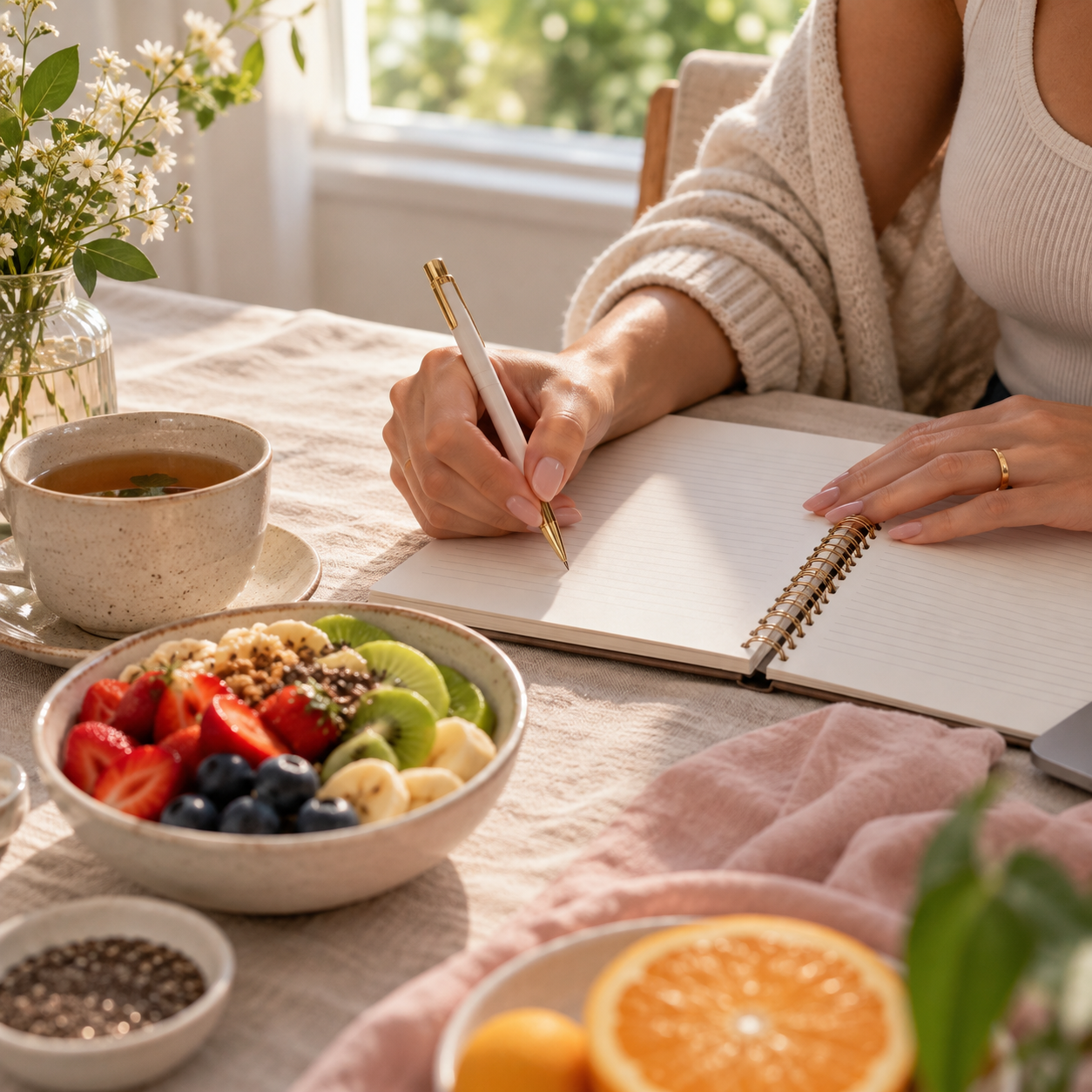 Caderno de anotações, chá e frutas frescas sobre a mesa